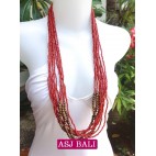 multiple strand long seed bead necklace red color