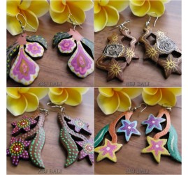 bali hand carving wooden earrings hand painting color floral