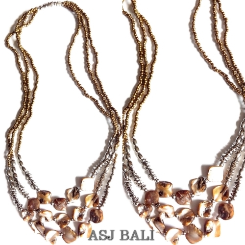 golden beads necklaces with shells bead nuged triple strand