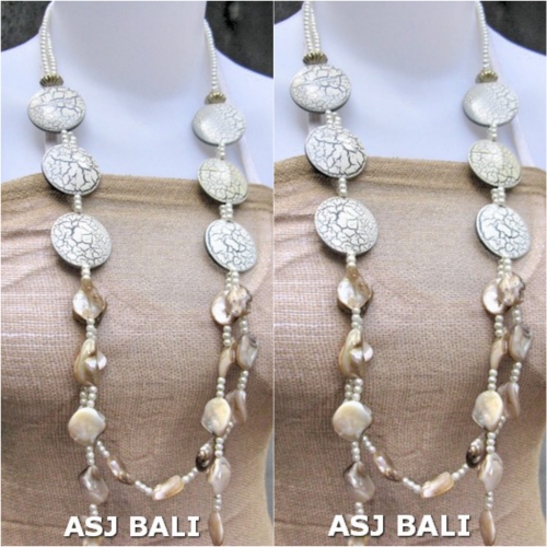 double long strand necklaces shells bead wood white color