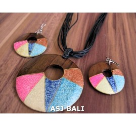 bali wooden natural hand painting necklace sets earrings leather string