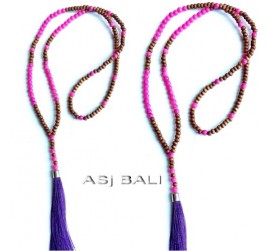 bali handmade wooden bead stone tassels necklace pendant purple