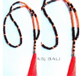 bali wood beads tassels necklace pendant single seeds orange