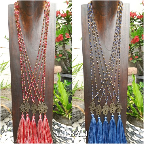 2color hamsa buda crystal beads long layer necklaces pendant tassels