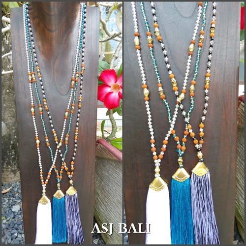 3color tassels gold caps necklaces pendant mix beaded bali design