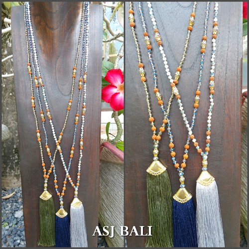 3color tassels gold caps necklaces pendant mix beads handmade